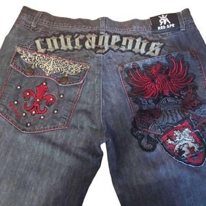 RED APE jeans Embroidery  Streetwear COURAGEOUS 41x33 Rap Wide leg Baggy